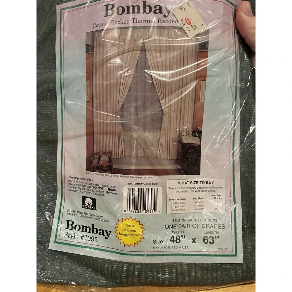 Vtg Bombay Jade Green Thermal Backed Cotton Flocked Drapes 48x63 Style 1095 Pair